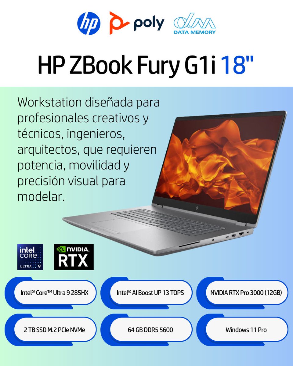 data_memory's tweet photo. Nueva HP ZBook Fury 18 G1i: potencia de workstation, IA integrada y rendimiento extremo para tus proyectos más exigentes.
💻 18” | Intel® Ultra | RTX Pro | 64GB RAM
#HPZBook #Workstations #IA https://t.co/ssj6sicAnM