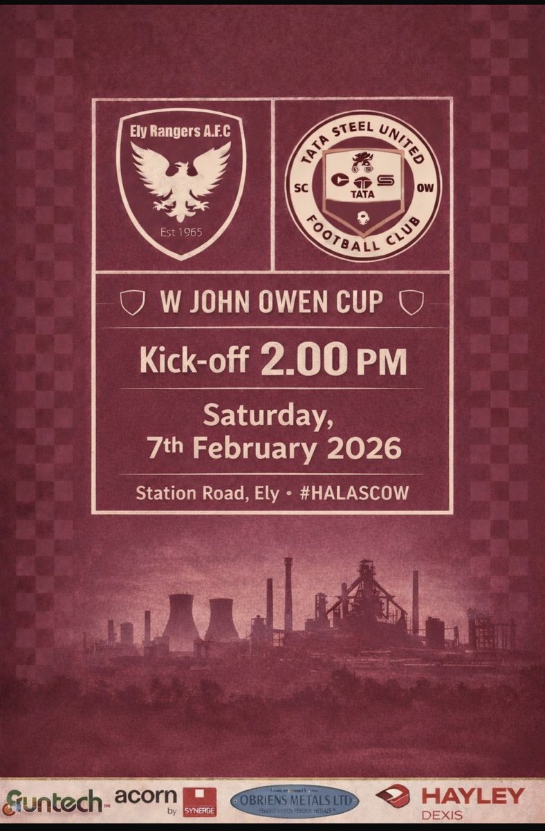 ⚽️Next Match⚽️

After weather-related postponements, we go again this Saturday with an away trip in the John Owen Cup 🌧️➡️⚽

Ely Rangers 🆚 TATA Steel United
📅 Saturday 7th February
⏰ KO 2pm
📍 Station Road

Fingers crossed the weather finally plays ball 🤞