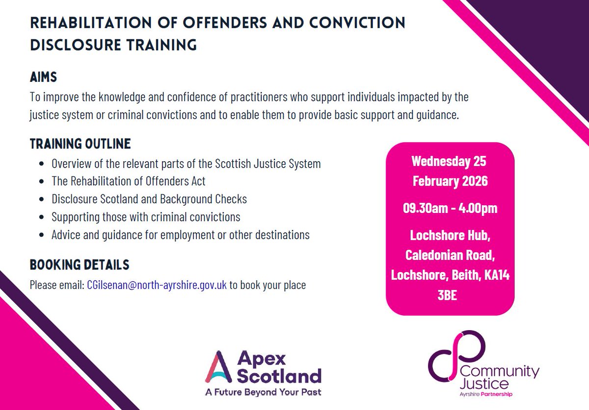 CJAyrshire's tweet photo. We are hosting 'Rehabilitation of Offenders and Conviction Disclosure' training later this month in conjunction with @apexscotland This is open to practitioners working in North Ayrshire - if you are interested in attending please get in touch👇@CEISAyrshire @NAyrshireCPP @NAHSCP @NAyrshirePEAR @North_Ayrshire
@NorthAADP #Community #Justice #Ayrshire #Partnership