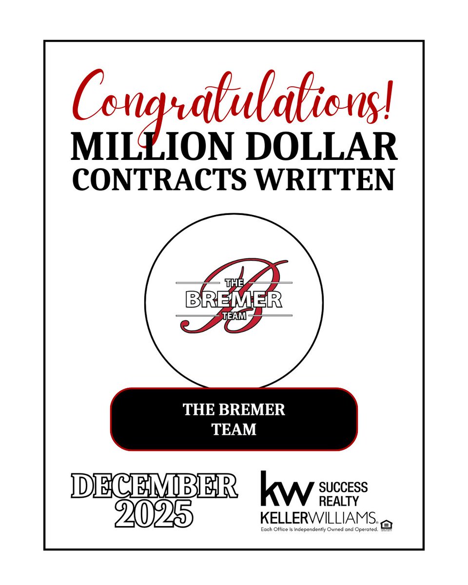 KWSuccessRealty's tweet photo. Congratulations to The Bremer Team, December 2025 Million Dollar Contracts Written! https://t.co/37xHYksVZ3