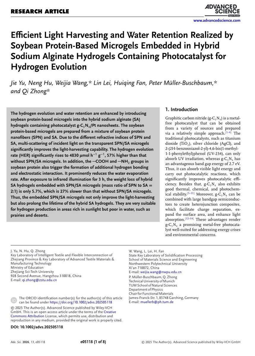 muller_group's tweet image. Collaborator Yu et al in #Advanced #Science (@romandavydov): #Efficient #light #harvesting and #water #retention realized by #soybean protein-based microgels embedded in hybrid sodium #alginate #hydrogels containing #photocatalyst for #hydrogen evolution

 Adv. Science 13, e05118