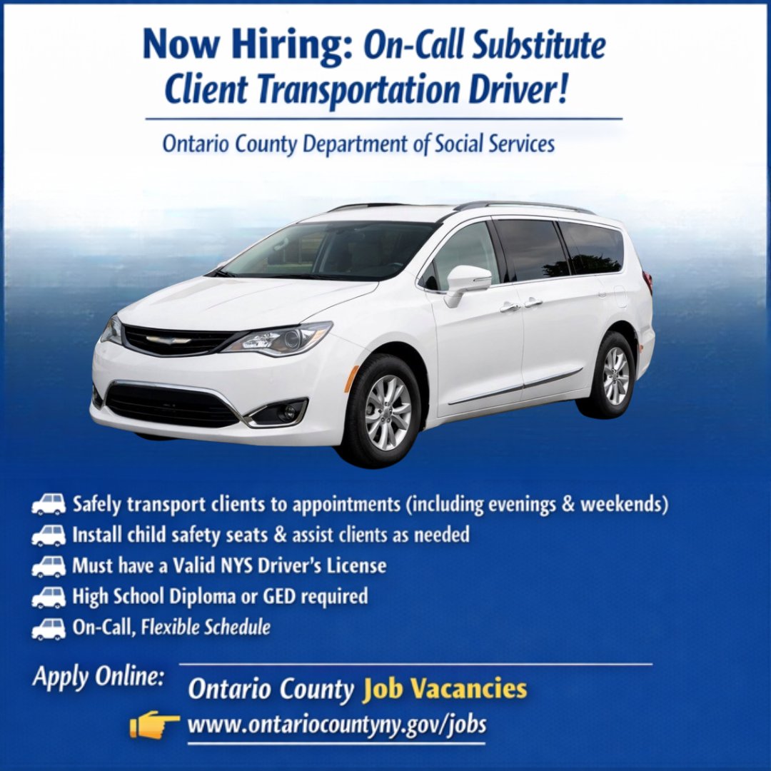 Apply online at the Ontario County Job Vacancies website-  ontario-portal.mycivilservice.com/jobopps
Please share with anyone who may be interested in flexible work that makes a difference in our community!