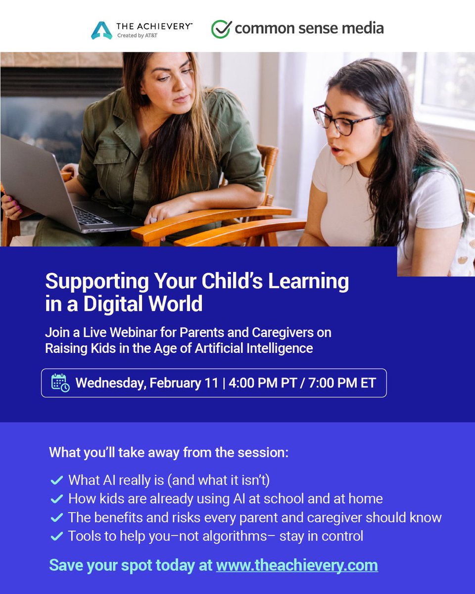 What does artificial intelligence mean for your child’s education? 🤔

Join The Achievery <a href="/ATT/">AT&T</a> on Feb. 11 at 4 PM ET for a live webinar designed for parents and caregivers on raising kids in the age of AI.

Learn more: bit.ly/4kbq60C #ConnectedNation