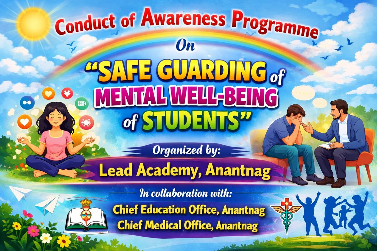 AnantnagDIPRC's tweet photo. Awareness Programs on Safeguarding Students’ Mental Well-Being organized by @chiefang12823 &amp; @cmo_anantnag at ACIT/Lead Academy Ang. 

Faculty members, students &amp; others participated.

Emphasis laid on balancing academics &amp; emotional resilience.

https://t.co/nhXfpvZWsT

@diprjk https://t.co/AlpN3lQgBt