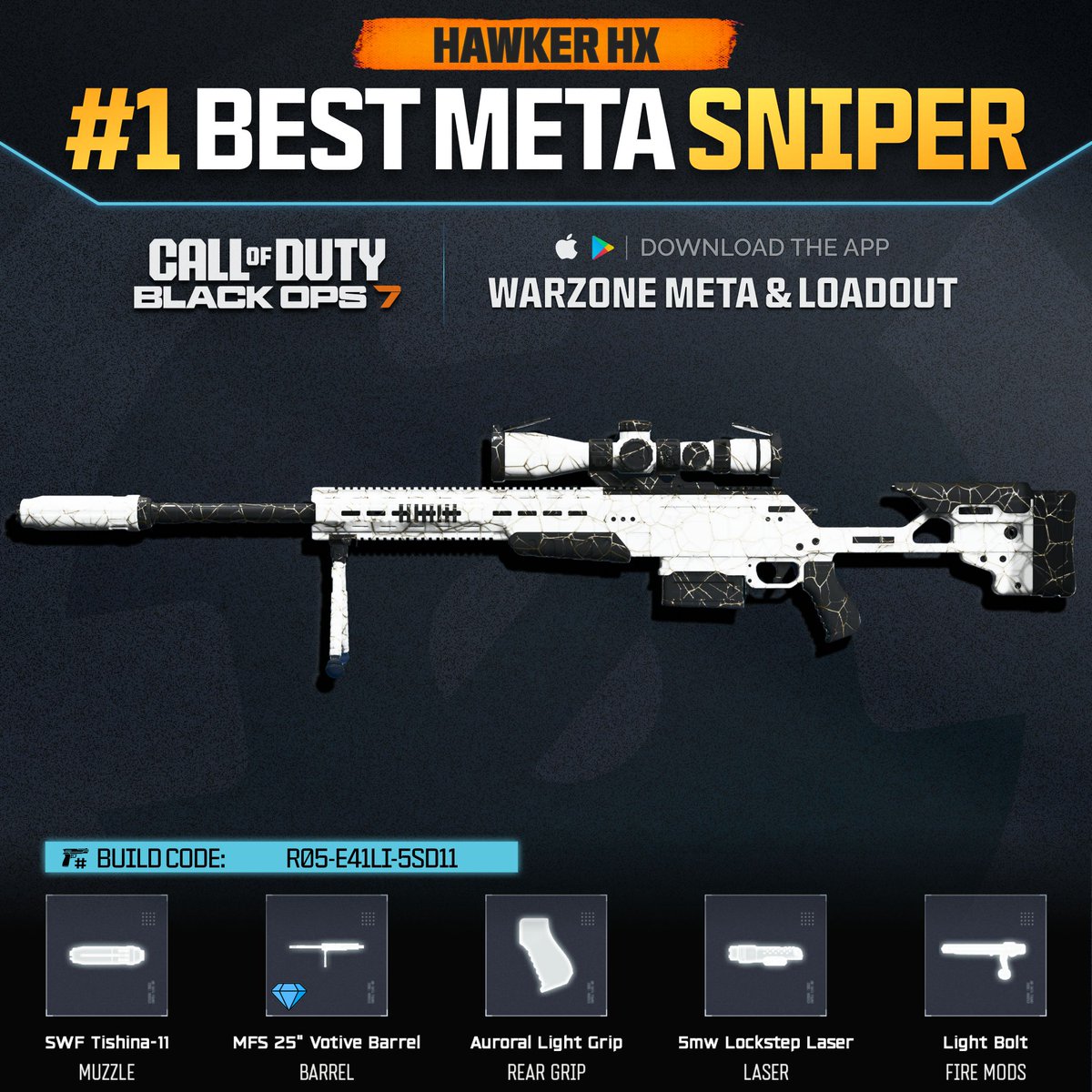 WZStatsGG's tweet photo. ‼️🚨 BEST BO7 META LOADOUTS 🚨‼️

🔥 Here are the Best Loadouts for these categories in #BlackOps7 Multiplayer!

🥇 #1 AR - AK-27 [A02-BMYPA-NR711]
🥇 #1 SMG - STURMWOLF 45 [S07-BH8S1-6CW11]
🥇 #1 LMG - MK.78 [L01-5XHCK-QH4B1-1]
🥇 #1 Sniper - HAWKER HX [R05-E41LI-5SD11]

2 days left until Season 2! Which guns do you want to see as #1 Meta? 🤔