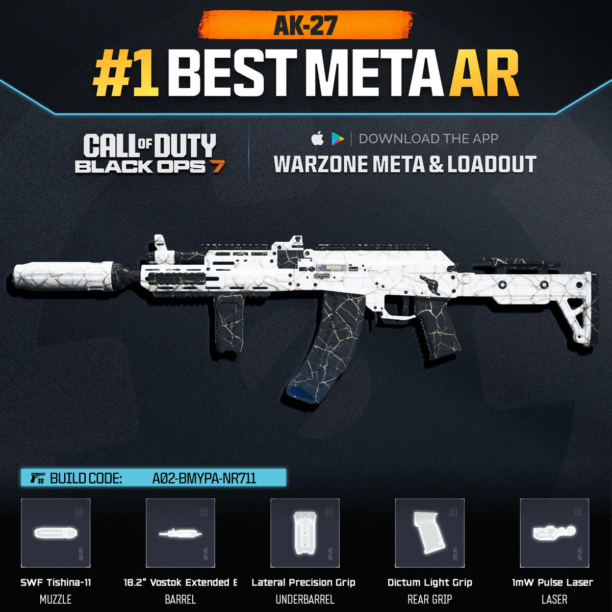 WZStatsGG's tweet photo. ‼️🚨 BEST BO7 META LOADOUTS 🚨‼️

🔥 Here are the Best Loadouts for these categories in #BlackOps7 Multiplayer!

🥇 #1 AR - AK-27 [A02-BMYPA-NR711]
🥇 #1 SMG - STURMWOLF 45 [S07-BH8S1-6CW11]
🥇 #1 LMG - MK.78 [L01-5XHCK-QH4B1-1]
🥇 #1 Sniper - HAWKER HX [R05-E41LI-5SD11]

2 days left until Season 2! Which guns do you want to see as #1 Meta? 🤔