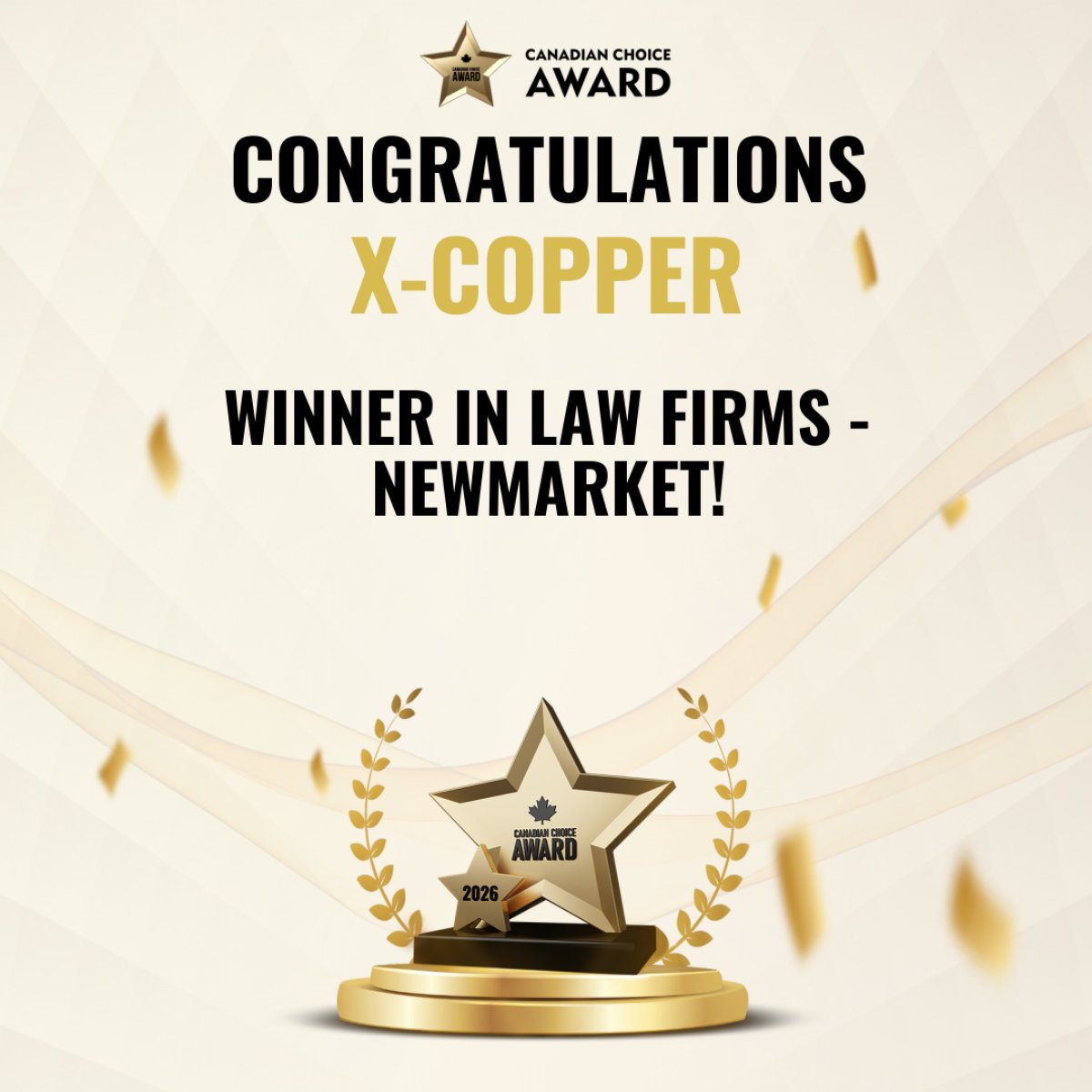 XCopperLegal's tweet photo. We’re proud to share that X-Copper has been named a 2026 Canadian Choice Award Winner. This recognition reflects the trust our clients place in us and our commitment to providing reliable legal support when it matters most.

Thank you to everyone who continues to choose X-Copper. https://t.co/D7KXpK76Fs