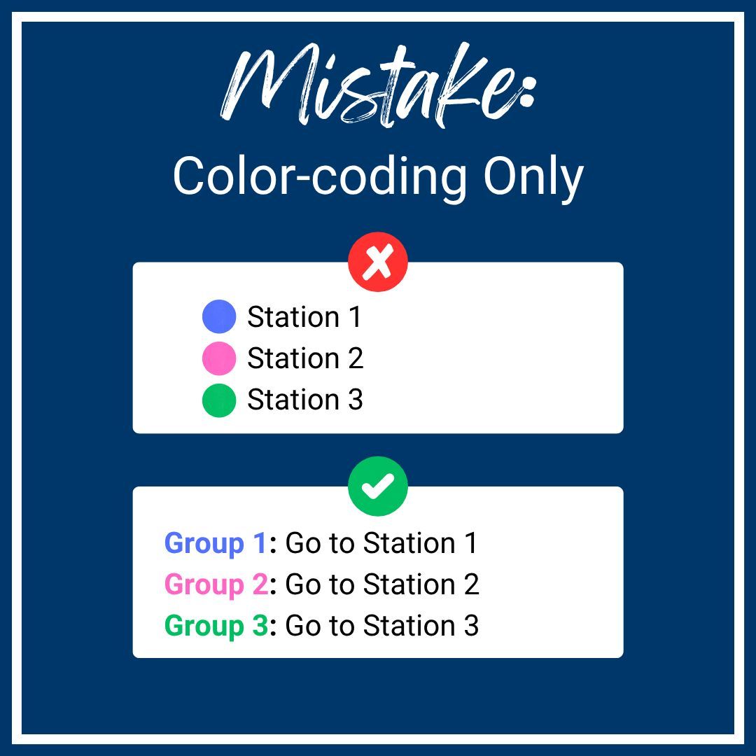 CSUF_EdTech's tweet image. Mistake: Color-Coding Only Don't rely only on color to convey information! For our color-blind learners, always provide alternative ways to understand content. Think shapes, labels, or patterns! #AccessibleContent #InclusiveDesign #CSUFEdTech