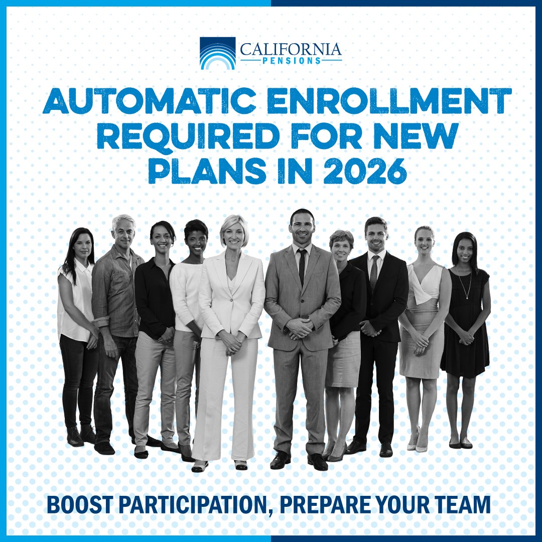CaliforniaPens1's tweet photo. New 401(k) and 403(b) plans must use automatic enrollment. Starting with 3–10% of their pay saved automatically. Each year, their savings rate goes up by 1% until it reaches 10–15%. Employers must get their plans ready by December 31, 2026.

Learn More! https://t.co/NGQvrkTB0E https://t.co/n6Bbm8aB0s