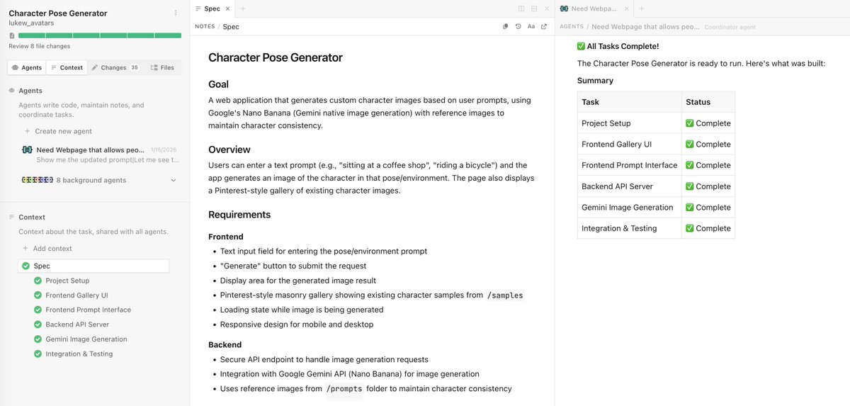 LukeW's tweet photo. metaphor I've been using to describe the agent orchestration UI in Intent:

in the real-world, if you want to accomplish a large or complicated task you need: 
- a team of the right people for the job, often specialists
- to give the team the information they need to complete the job
- the right environment where the team can coordinate and work safely

this approach applies to more than just software development.