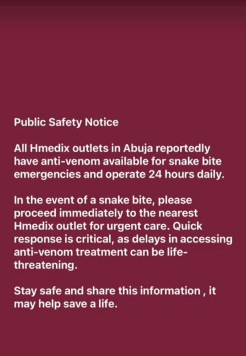 For those in Abuja, Antivenom is now available at HMEDIX. Kindly retweet and reshare .