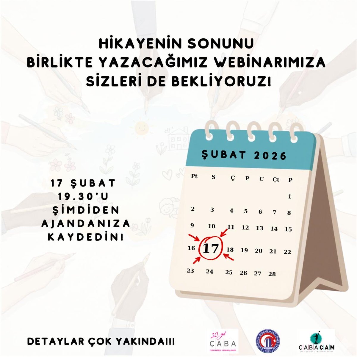 ebruaktandr's tweet photo. Hikâyenin sonunu birlikte yazıyoruz… ✍️

Erken çocukluk merkezi ÇABAÇAM’ın deprem bölgesinde yürüttüğü afet sonrası eğitim seferberliğini; tanıklıklarla ve bilimsel verilerle konuşacağımız Kartopu Webinarı için tarihi şimdiden kaydedin.

📌 17 Şubat 2026 | 19.30

#afeteğitimi https://t.co/dy3HJ5TU6n