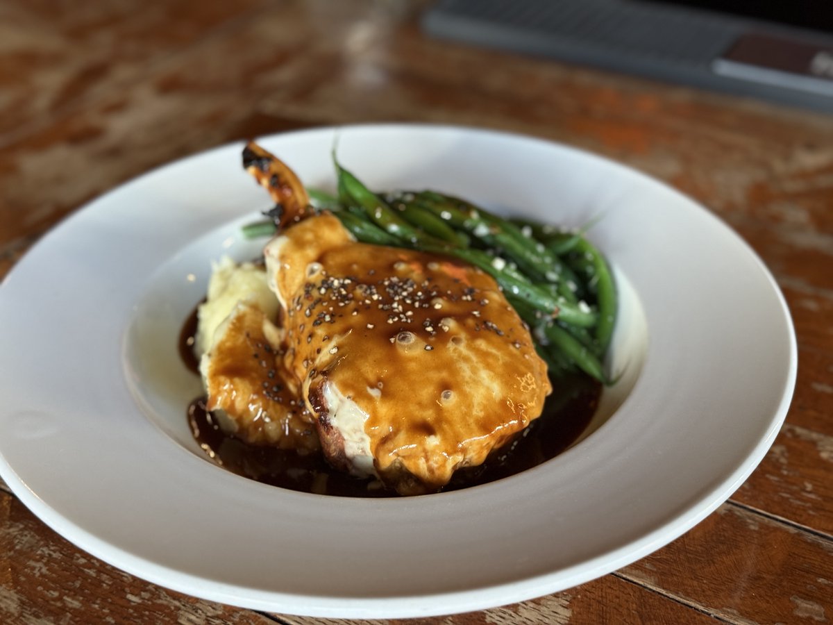 BourbonsBistro's tweet photo. There’s a reason this one never leaves the menu.

Bourbons Chop: 12 oz. Frenched bone-in pork chop wrapped in prosciutto, topped with Asadero cheese and a bourbon veal demi glace, served with Yukon mashed potatoes and garlic haricot verts. https://t.co/Ttw9f0otwQ