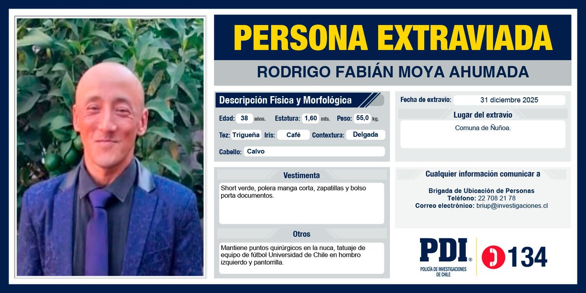 PDI_CHILE's tweet photo. ⭕️Ayúdanos a encontrar a: 
Rodrigo Fabián Moya Ahumada, extraviado desde el 31 de diciembre de 2025, en la comuna de Ñuñoa, Región Metropolitana 

Más detalles en: https://t.co/DmbJYW19zA https://t.co/6ullXkBkyS