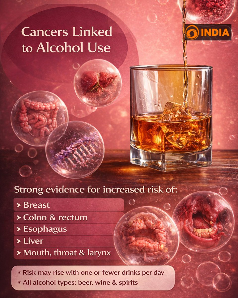 DDIndialive's tweet photo. Alcohol use is linked to several cancers, with risk rising as consumption increases, even at low levels.

#LifestyleHealth #PreventCancer #Wellness #HealthGuidelines https://t.co/eNSq5ym46c