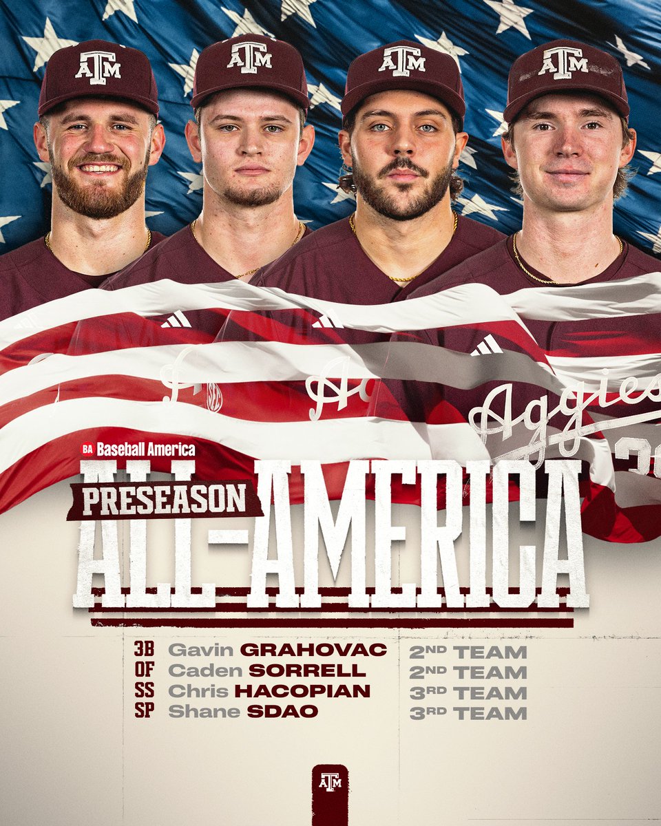 Preseason All-Americans by <a href="/BaseballAmerica/">Baseball America</a> has dropped and four of them wear maroon 👍

🔗 aggi.es/4qPx65X

#GigEm