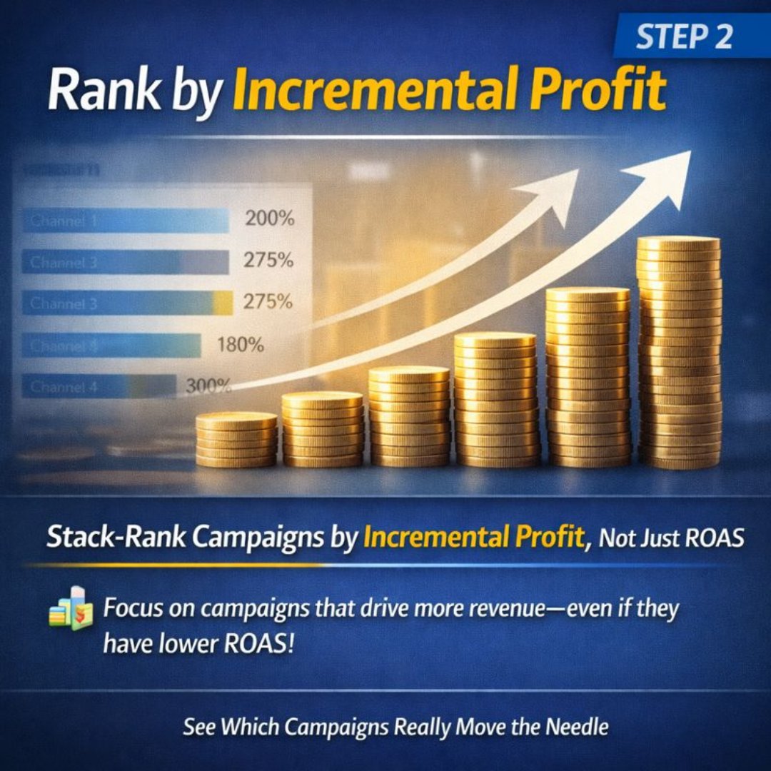 MattEricksonLA's tweet photo. Most marketers blow their Q1 budgets chasing high ROAS.

That spend looks good, but it doesn’t actually grow revenue.

The winners use full-year data, stack-rank by incremental profit, and scale what truly creates demand.

ROAS shows efficiency.  
Profit reveals truth. https://t.co/KIoj5enuNs