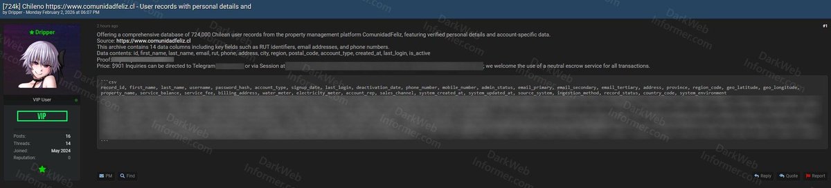 huichalaf's tweet image. Alerta de Ciberseguridad: Filtración masiva en @ComunidadFeliz 

Se ha reportado por @DarkWebInformer que un actor de amenazas bajo el alias "Dripper" ha puesto a la venta una base de datos con información sensible de la plataforma chilena de administración de edificios,…