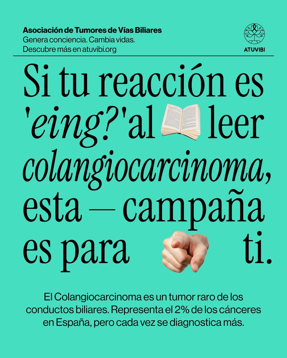 atuvibi's tweet photo. ✨ “¿ColangioQUÉ?”: entenderlo es el primer paso para cambiarlo.✨

📣 Este febrero, coincidiendo con el Mes de Concienciación sobre el Colangiocarcinoma, desde ATUVIBI lanzamos la campaña “¿ColangioQUÉ?” para poner nombre, rostro y contexto a una enfermedad que, a día de hoy, sigue siendo desconocida para gran parte de la población.

📌 Porque cuando una enfermedad es poco frecuente, el desconocimiento se convierte en una barrera más.

💬 “¿Colangio… qué?” es uno de los primeros pensamientos al recibir un diagnóstico de una enfermedad desconocida (y que es incluso difícil de pronunciar). Y justamente ahí está la clave: convertir esa reacción en una oportunidad para:

👉 Informar.
👉 Generar conciencia.
👉 Abrir conversación.

A través de gráficas claras, mensajes cercanos y un tono humano con un sutil toque de humor, “¿ColangioQUÉ?” presenta el colangiocarcinoma desde lo esencial:

🔎 Síntomas.
⏳ Importancia de reconocerlo a tiempo.
💥 Impacto en la vida de las personas afectadas.
🔬 El papel clave de la investigación.

Porque la información no solo explica: también acompaña, empodera y activa el compromiso con la investigación y el apoyo a quienes conviven con esta enfermedad.

📥 Desde nuestra página web puedes descargarte todas las creatividades de “¿ColangioQUÉ?” y sumarte a su difusión durante todo el mes de febrero. Importante siempre con el crédito: Campaña creada por Lidia Huerta y diseñada por Pilar Cuadrat.

🔗 https://t.co/fhhjeb0nV9

Compartir información y conocimiento es la mejor forma de prevenir y concienciar. 💪💚

#ColangioQUÉ #Colangiocarcinoma #TumoresDeVíasBiliares #MesdeConcienciación #ATUVIBI #Confía