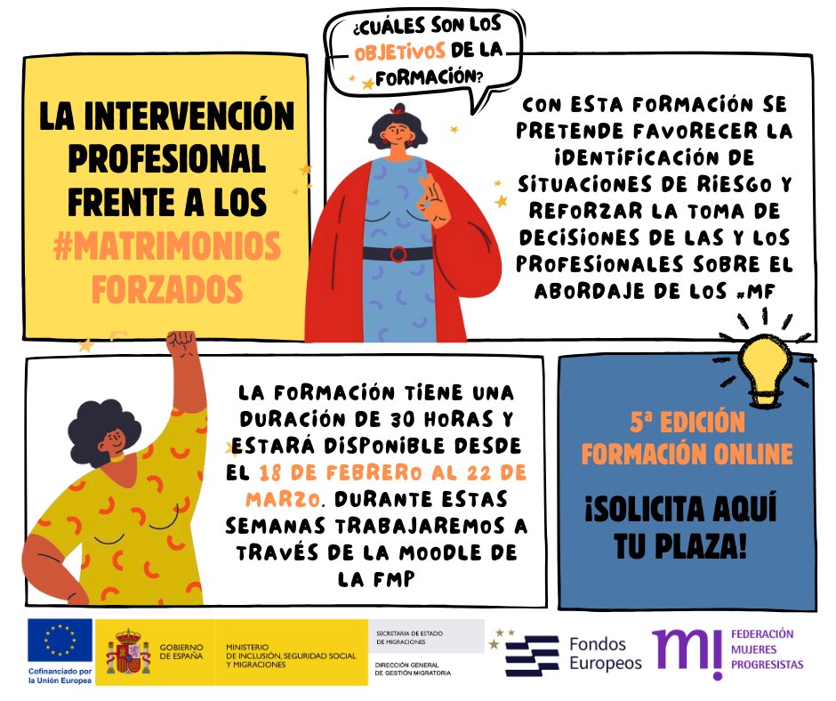 fmprogresistas's tweet photo. 📌 #LABoratorioMF 5ª edición formación online
"La intervención profesional frente a los #matrimoniosforzados "
📆 Desde 18/2 al 22/3
🕛30 h. en Moodle
📄Certificado de aprovechamiento
🔔¡APUNTATÉ AQUÍ!
https://t.co/hZA0hT1KE9 https://t.co/AkXY2e6FnB