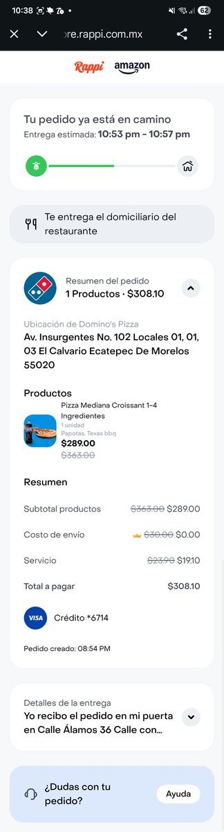 irvin_jfr's tweet photo. @RappiMexico necesito ayuda con una devolución, hice un pedido el 2 de febrero a las 20:55 en dominos y nunca llego, incluso la tienda decía que cerraba a las 22:00 y el pedido seguía "en camino", y finalmente a las 23:00 solo lo marcaron como entregado, adjunto evidencia https://t.co/ZcGy3jVhb3