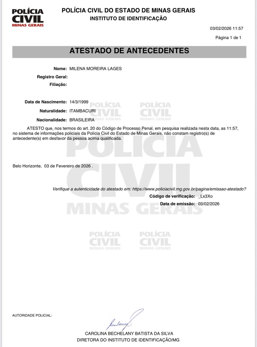 tiamilenabbb's tweet image. Uma mentira quando é repetida várias vezes pode acabar se tornando uma verdade! Ainda bem que trabalhamos com provas reais e contundentes. Segue a comprovação de que Milena não tem NENHUM registro de antecedente. Tentem outra! 😉 #TimeMilena #BBB26