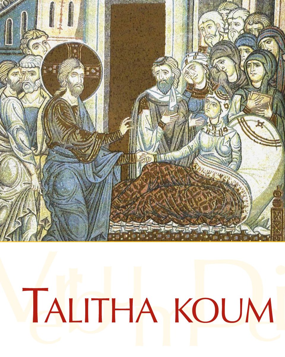 VaticanNews's tweet photo. Gospel of the Day (Mark 5,21-43)

While he was still speaking, people from the synagogue official's house arrived and said, "Your daughter has died; why trouble the teacher any longer?"
Disregarding the message that was reported, Jesus said to the synagogue official, "Do not be afraid; just have faith."
He did not allow anyone to accompany him inside except Peter, James, and John, the brother of James.
When they arrived at the house of the synagogue official, he caught sight of a commotion, people weeping and wailing loudly.
So he went in and said to them, "Why this commotion and weeping? The child is not dead but asleep."
And they ridiculed him. Then he put them all out. He took along the child's father and mother and those who were with him and entered the room where the child was.
He took the child by the hand and said to her, "Talitha koum," which means, "Little girl, I say to you, arise!"
The girl, a child of twelve, arose immediately and walked around. (At that) they were utterly astounded.
He gave strict orders that no one should know this and said that she should be given something to eat.

https://t.co/rfkRr3Rapc