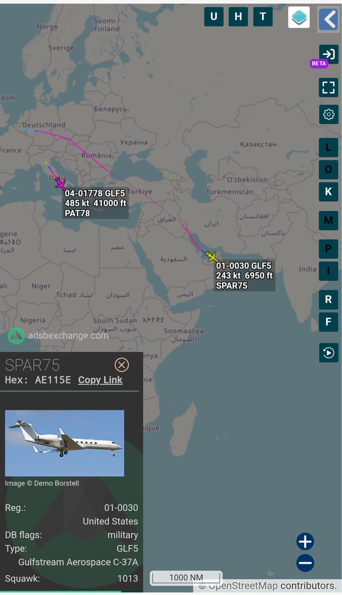 Borrowed7Time's tweet image. USAF C-37A 01-0030 #AE115E SPAR76 (EURCOM Cmdr. Gen. Grynkewich) Brussels&amp;gt; Abu Dhabi 

USA C-37B 04-01778 #AE13D1 PAT78 (SecArmy Driscoll) Bologna&amp;gt; Abu Dhabi

Re: Trilateral UKR-RUS peace talks 4-5 Feb.
H/T @USGovJets 
@sipjack1776 @LadyAstroJet