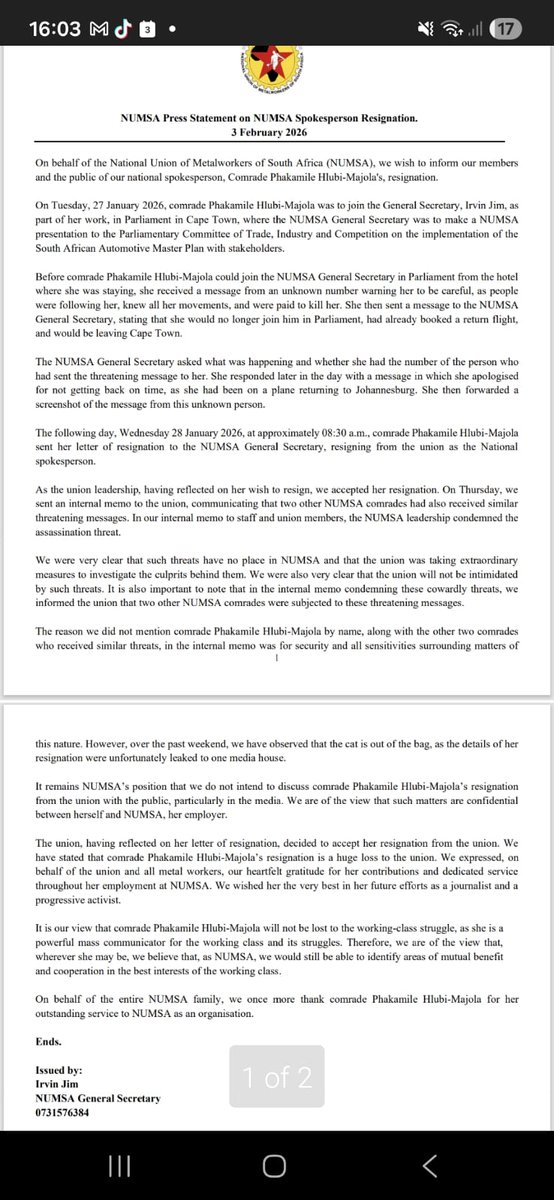 Numsa_Media's tweet image. NUMSA Press statement on the resignation of the National Spokesperson Phakamile Hlubi-Majola. 
@phakxx
@IrvinJimSA
Details below 👇🏾 
#ForTheLoveofTheWorkingClass 
#WorkersUnite 
❤️🖤💛
