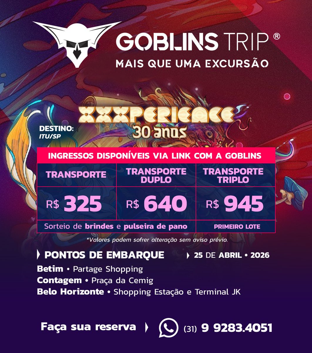 A Goblins te leva para o retorno de uma lenda da nossa cena a XXXPERIENCE 30 ANOS, esse ano contamos com artistas como: 
1200 Mics - DJ set
Ace ventura 
Alpha portal
Alien art
Astrix

Reserve sua vaga com a <a href="/goblinstrip/">Goblins Trip ®</a>