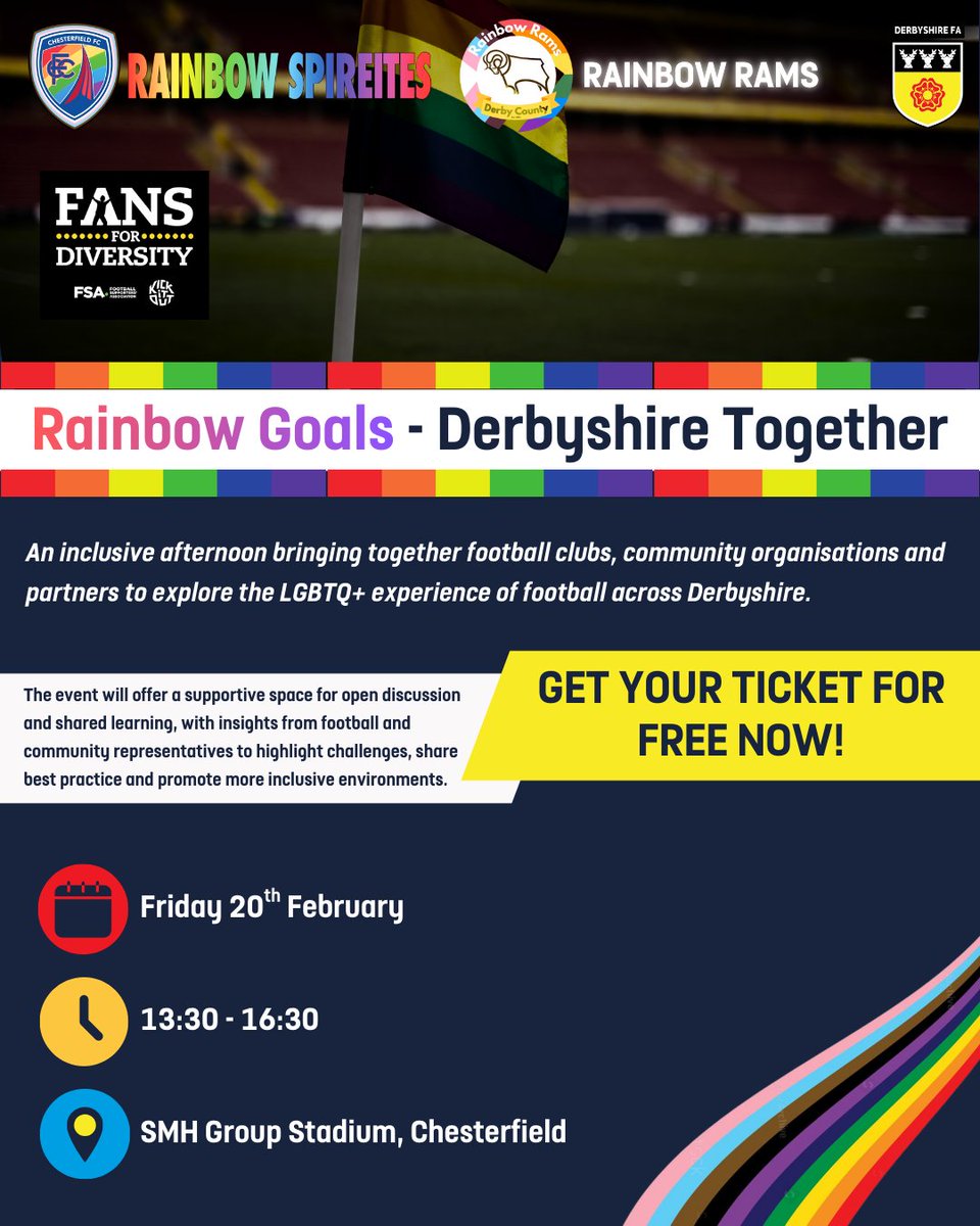 Still time to get involved 🌈

Proud to be supported by Fans for Diversity, helping bring Derbyshire football and the LGBTQ+ community together.

Get your free tickets now - pitchbooking.com/book/event/88f…