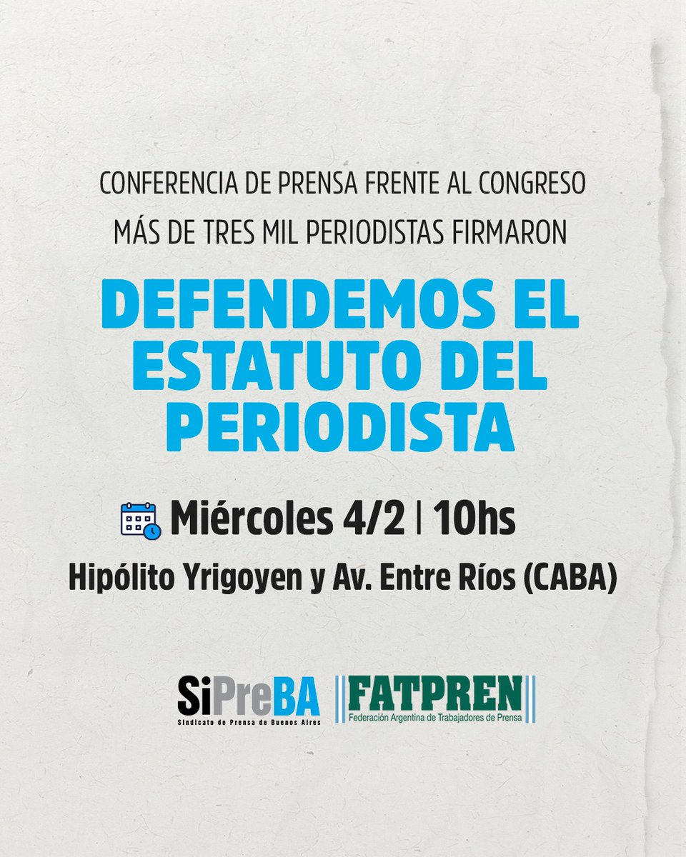 ❌Las empresas de medios le piden a Patricia Bullrich y al gobierno más precarización, quita de derechos y ataque a la libertad de expresión

✍️Más de tres mil periodistas ya nos pronunciamos:   cualquier debate sobre el Estatuto tiene que ser con las y los trabajadores de prensa