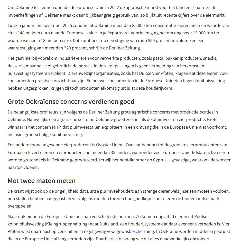 Regel op regel voor de Nederlandse pluimveehouder. 
Maar wel in grote getalen eieren uit Oekraïne binnen halen. 
Die níet aan onze dierenwelszijnseisen voldoen. 
En waar middelen worden gebruikt die in de EU al lang verboden zijn.
Ik word hier zo boos van 🤬🤬🤬