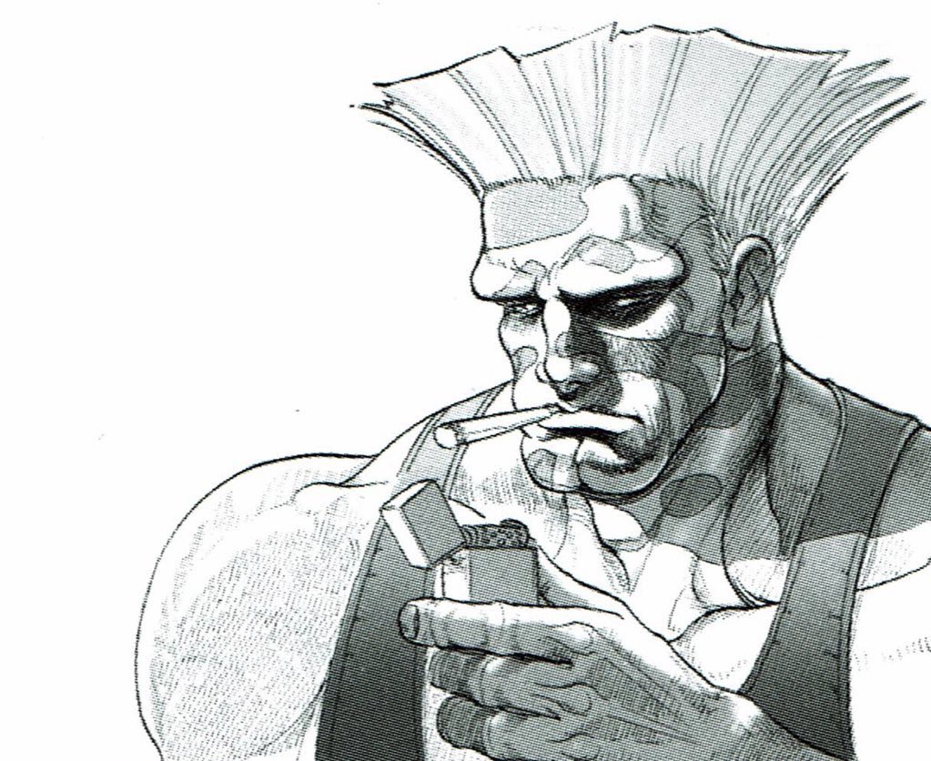 Guile artwork created for Street Fighter II Image Album (1991).

This was a Street Fighter II soundtrack that included a booklet with background info on the characters and gave you a peek into their everyday lives.