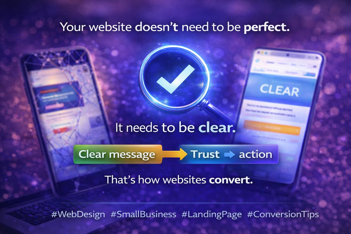 yungjxmmy1's tweet photo. Your website doesn’t need to be perfect.
It needs to be clear.
Clear message → trust.
Trust → action.
That’s how websites convert.
#WebDesign #SmallBusiness #LandingPage #ConversionTips https://t.co/8rN5Aa1WmF