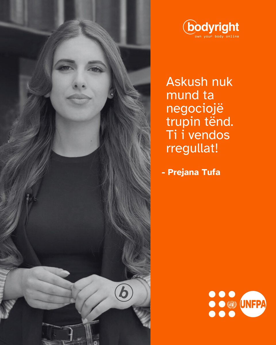 UNFPAAlbania's tweet photo. "Askush nuk mund ta negociojë trupin tënd. Ti i vendos rregullat!"
Punon në fushën e medias, Prejana Tufa i është bashkuar fushatës #Bodyright nga @UNFPAAlbania.
Ju ftojmë edhe ju të bashkoheni në këtë fushatë. Lexoni këtu se si 👉 https://t.co/w8KtntO2qq
#NoHateSpeech https://t.co/2wEy18HXQI