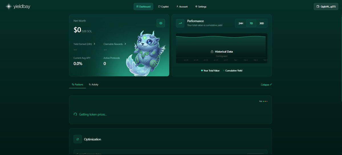 Na prática, a Yieldbay funciona como um dashboard unificado de DeFi na Solana.

Você conecta a carteira e passa a enxergar todas as suas posições em um só lugar, com mais clareza sobre rendimento, exposição e performance.

Menos ruído no dia a dia, decisões melhores.