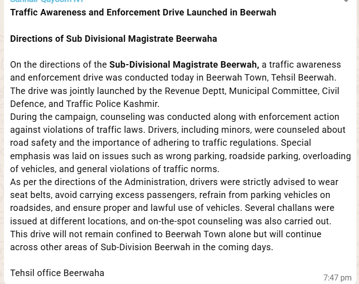 *Traffic Awareness and Enforcement Drive Launched in Beerwah*
<a href="/DC_Budgam/">Deputy Commissioner Budgam</a> <a href="/dicbudgam/">Information & PR, Budgam</a> <a href="/DrBilalbhatIAS/">Dr Bilal M Bhat IAS</a> <a href="/TBeerwah/">Tehsildar Beerwah</a>