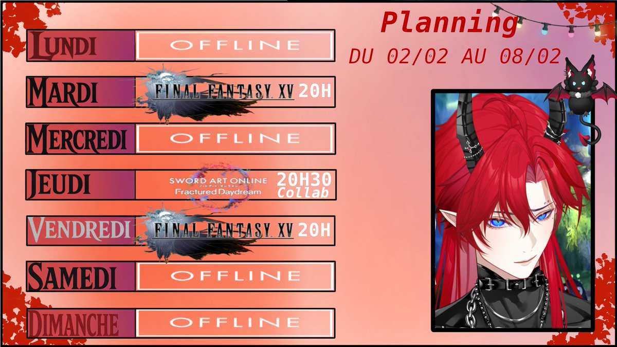 Planning de la Semaine! Avec deux lives sur FFXV Pour avancer dans l'histoire 🔥 Et un petit live sur SAO Fractured Daydream pour un peu de *taper* 🤣 #planning #FFXV #sao #vtuberfr #Vtubers