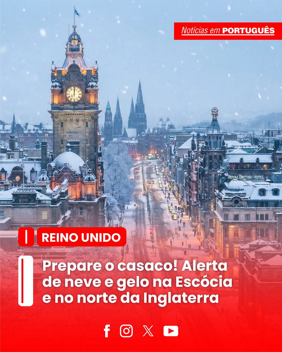 jornalNEP's tweet photo. ❄️ Alerta amarelo por neve e gelo na Escócia e no norte da Inglaterra (3–4 fev).
Até 20 cm em áreas elevadas e risco de ventos fortes.
No sul e em Londres: chuva fria e possível gelo, sem neve significativa.
⚠️ Atenção nas estradas.
#UKWeather #SnowAlert #MetOffice https://t.co/rygFfOm4Tf