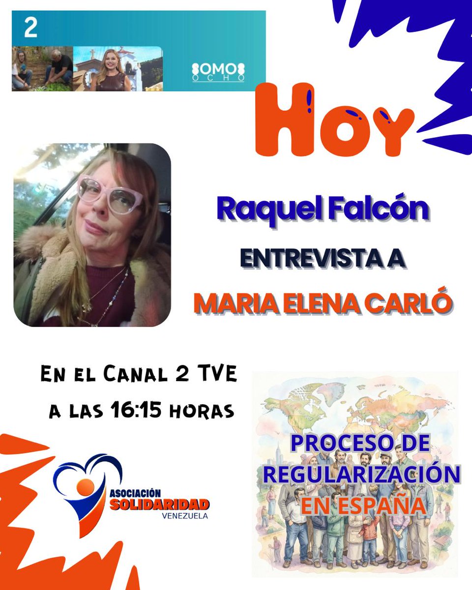 Esta tarde en el Canal 2 TVE | Programa Somos Ocho

Desde la Asociación Social Solidaridad Venezuela les invitamos a sintonizar hoy a las 16:15 horas en el programa Somos Ocho, moderado por <a href="/lafalconetti/">Raquel Falcón 🇮🇨</a> donde María Elena Carló, en representación de nuestra entidad.