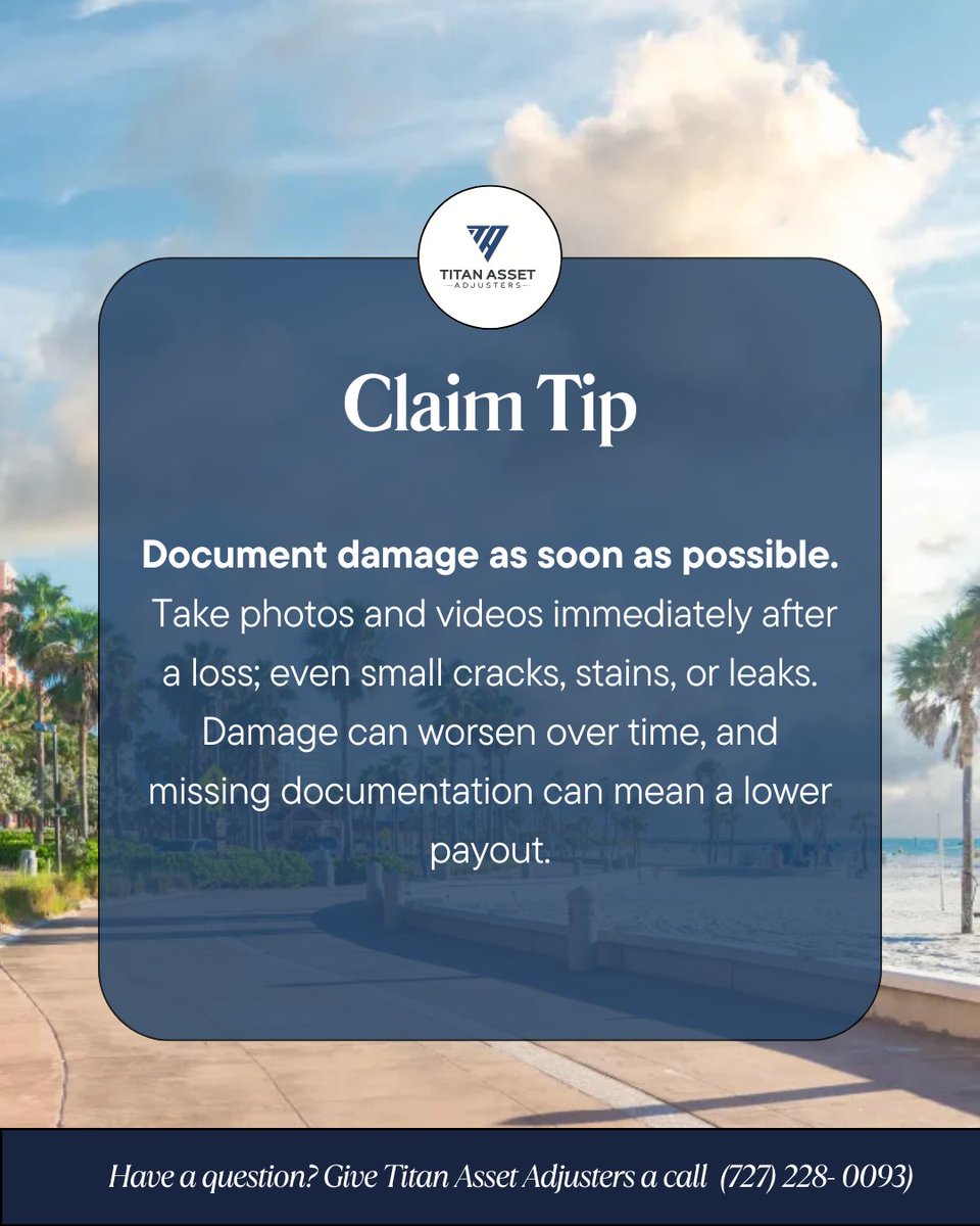 Titan_Asset's tweet image. Claim Tip: Document damage ASAP.
Photos &amp;amp; videos matter — even small cracks or leaks can impact your payout.
📞 (727) 228-0093

🌐 titanassetadjusters.com
#ClaimTip #PublicAdjuster #FloridaClaims #PropertyDamage