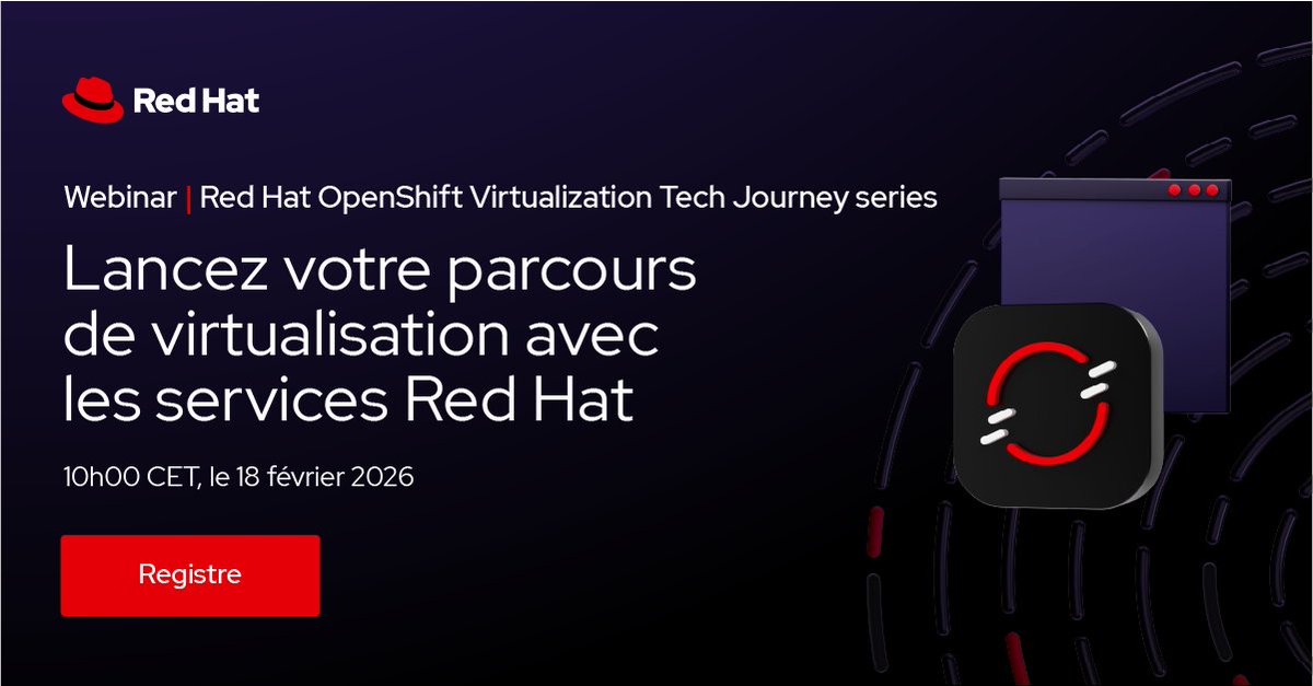 RedHatFrance's tweet photo. Vous démarrez un parcours de virtualisation ? Red Hat vous accompagne.
Rejoignez notre webinar pour découvrir bonnes pratiques, migration et services Red Hat pour réussir chaque étape.
👉 Inscription : https://t.co/nkIYfuGwWI
#Virtualisation #OpenSource #IT #RedHat #Webinar https://t.co/2dWNahFf9n
