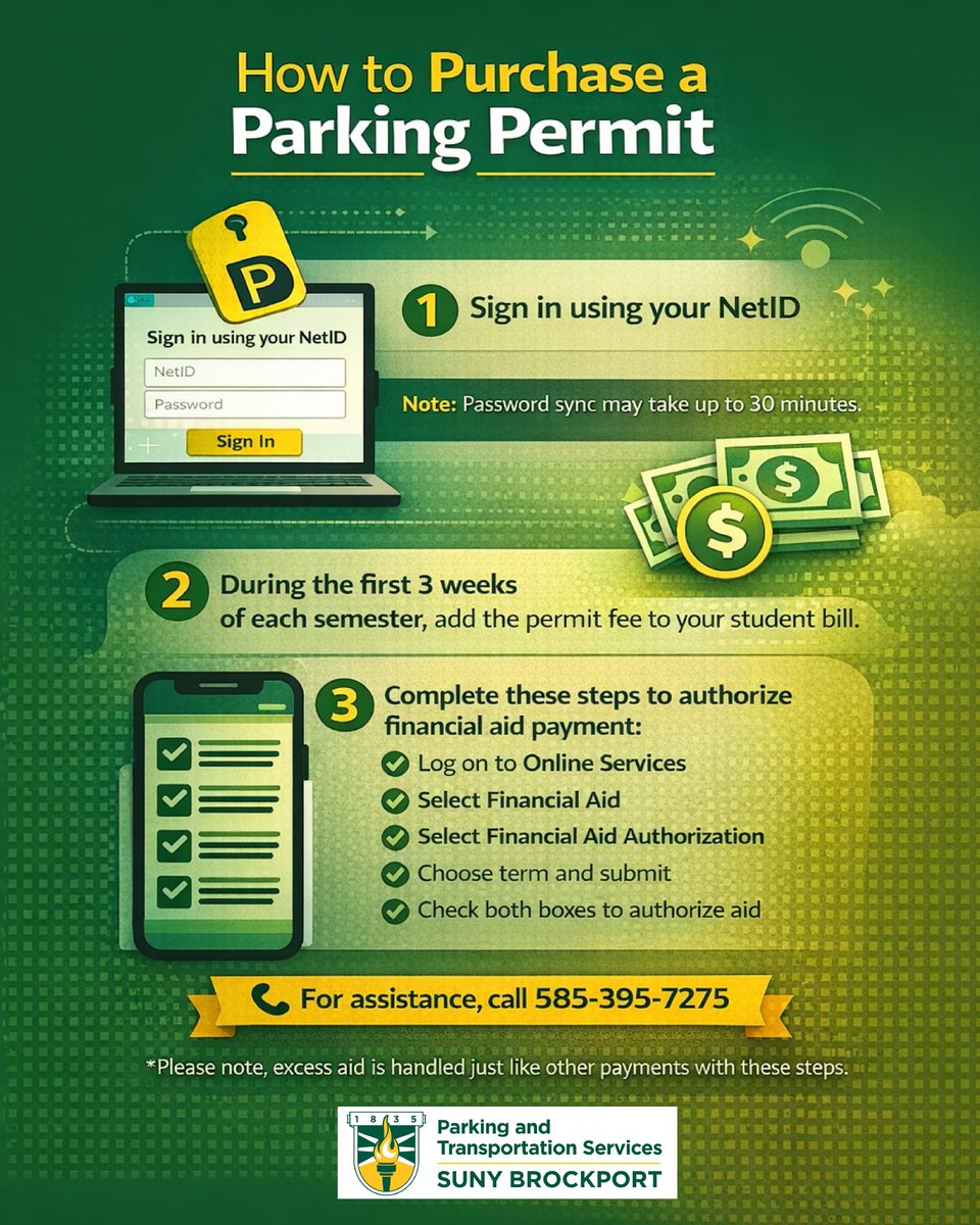 Ready to park on campus? 🚗💳

Purchasing your parking permit is quick and easy—just

#parkingpermit #campusparking #sunybrockport #pts #studentlife #collegeparking #brockportstudents #campuslife #netid #financialaid #parkingservices #studentresources #brockportlife