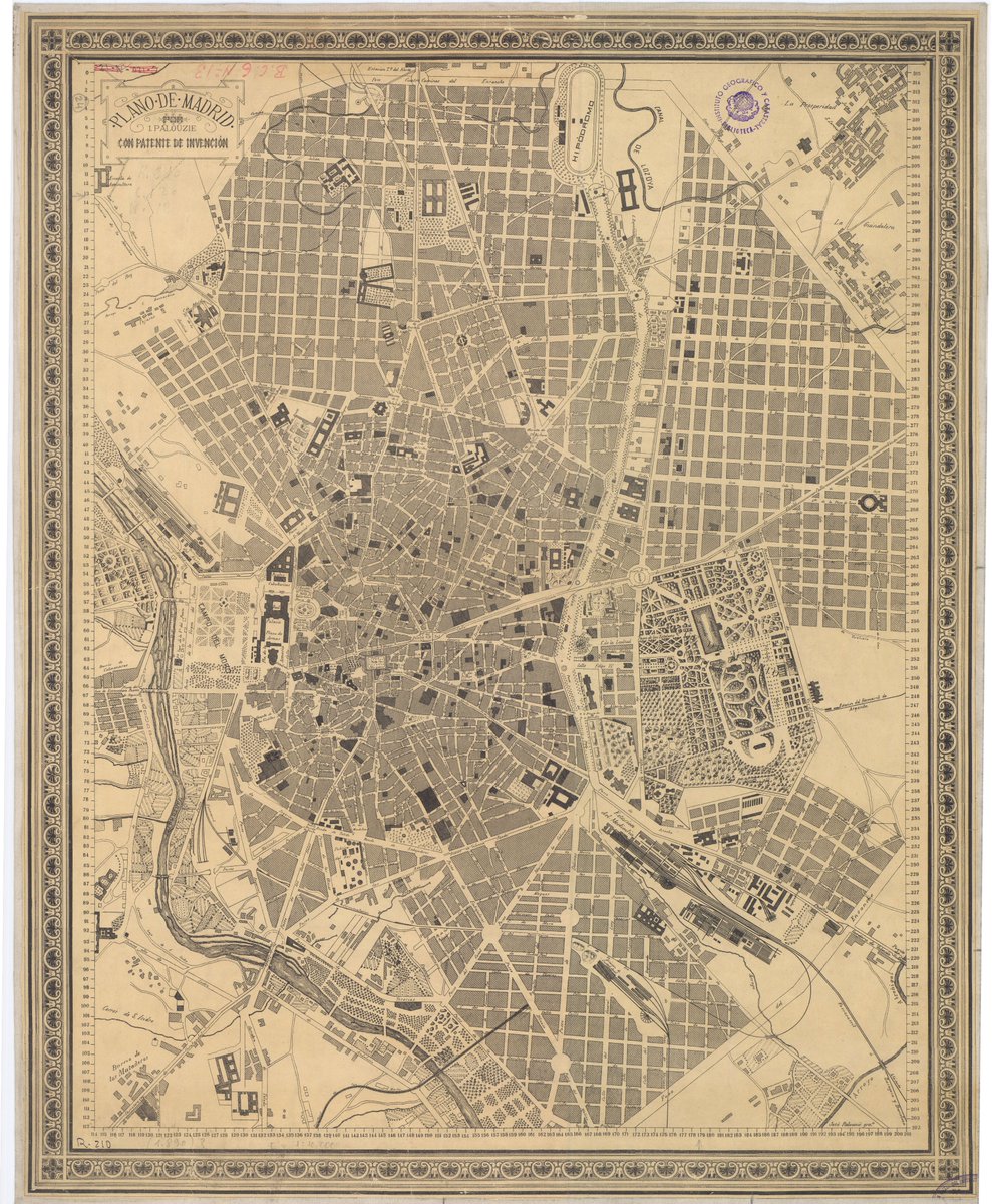 Este plano de 1896, 130 años ya,nos enseña con claridad el damero del ensanche (Plan Castro,1860) que estaba en proceso de avance. Rayados en cruzado están los edificios notables y con profusión de detalles,como las líneas tranviarias y que aún eran de sangre (José Palouzie, IGN)