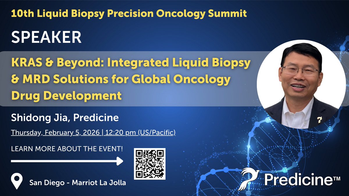 predicine's tweet photo. Meet Predicine at 10th LBx for Precision Oncology Summit! February 3-5, 2026 | San Diego
 
Dr. Shidong Jia, Predicine's CEO, will present “KRAS &amp; Beyond: Integrated Liquid Biopsy &amp; MRD Solutions for Global Oncology Drug Development”

Schedule a meeting: https://t.co/iisC8Jsxwk https://t.co/4rLuFjkehB