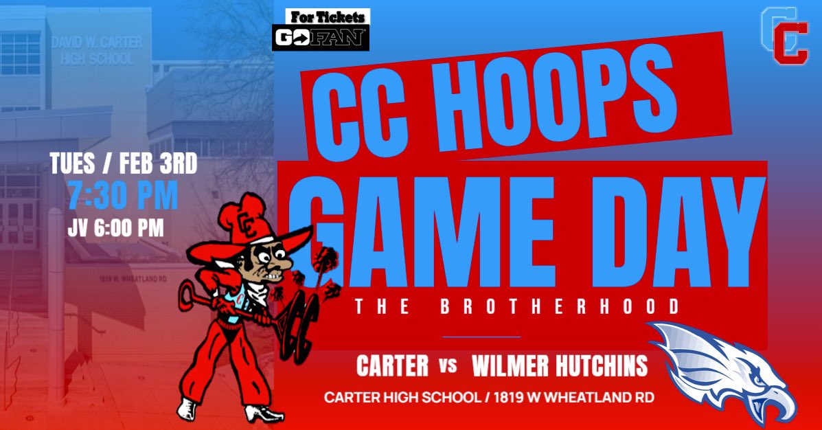 daphtay26's tweet photo. CC HOOPS THE BROTHERHOOD
Game Day TODAY ‼️

📅 Feb 3rd
🆚 Wilmer Hutchins
⏰ Varsity 7:30 pm
⏰ JV 6:00 pm
📍  Carter
🎟️ https://t.co/XS0DgzkT0Q

@Carter__Hoops @blewis09 @hoopinsider @dallasathletics @campbelloncourt @TexasHoopsGASO @hoopdfwonline @TheStarSportsTX @ihss_dfw https://t.co/qNfrJLN9za