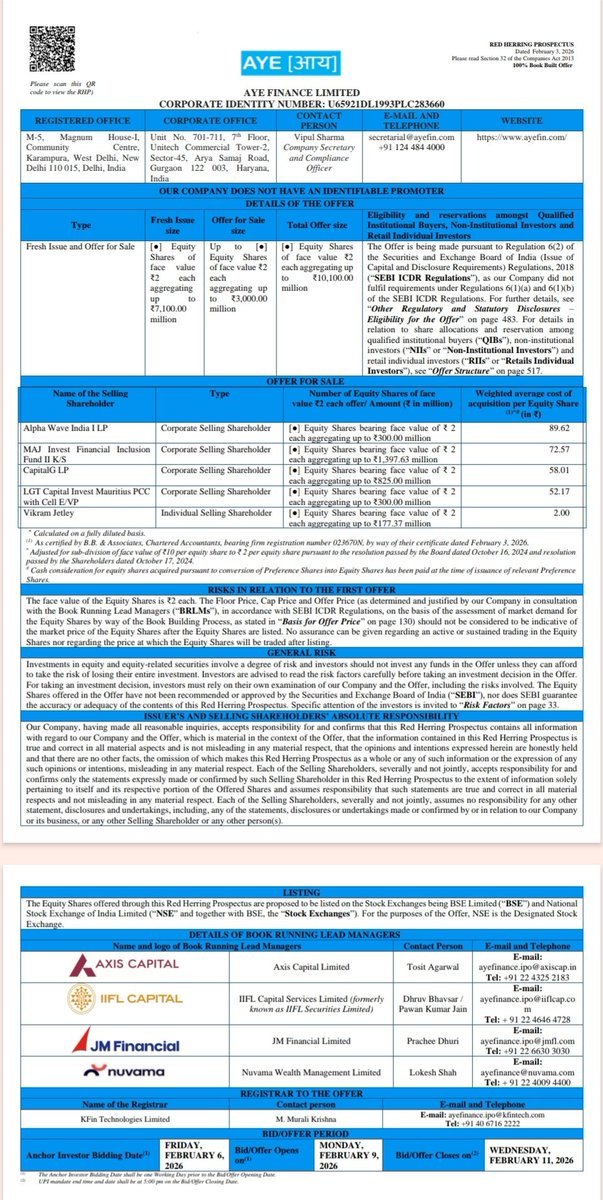 ipo_in's tweet photo. 🚨BREAKING IPO KING News🚨

Aye Finance Limited filed RHP with SEBI on 3-Feb-2025 for IPO King

Issue Date : 9-Feb to 11-Feb, 2026
Fresh : ₹710 Cr.
Ofs : ₹300 Cr.
Retail : 10%. 
FV : ₹2

#IPO #IPOAlert #IPOKing #IPOTracker #AyeFinanceIPO https://t.co/jlAXGwOP6k