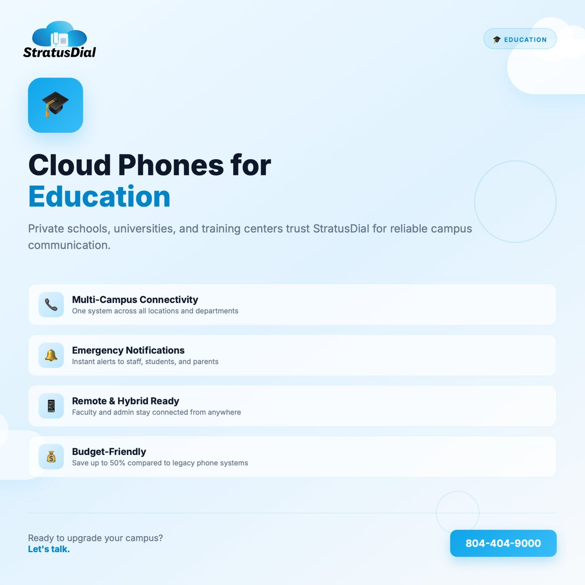 StratusDial's tweet photo. Cloud phones built for education. 🎓

Private schools. Universities. Training centers. Keep your campus connected with StratusDial.

One system. Every department. Every location.

📞 804-404-9000

#StratusDial #CloudPhone #Education #EdTech #UniversityLife #PrivateSchool https://t.co/OcoH5NxSBm