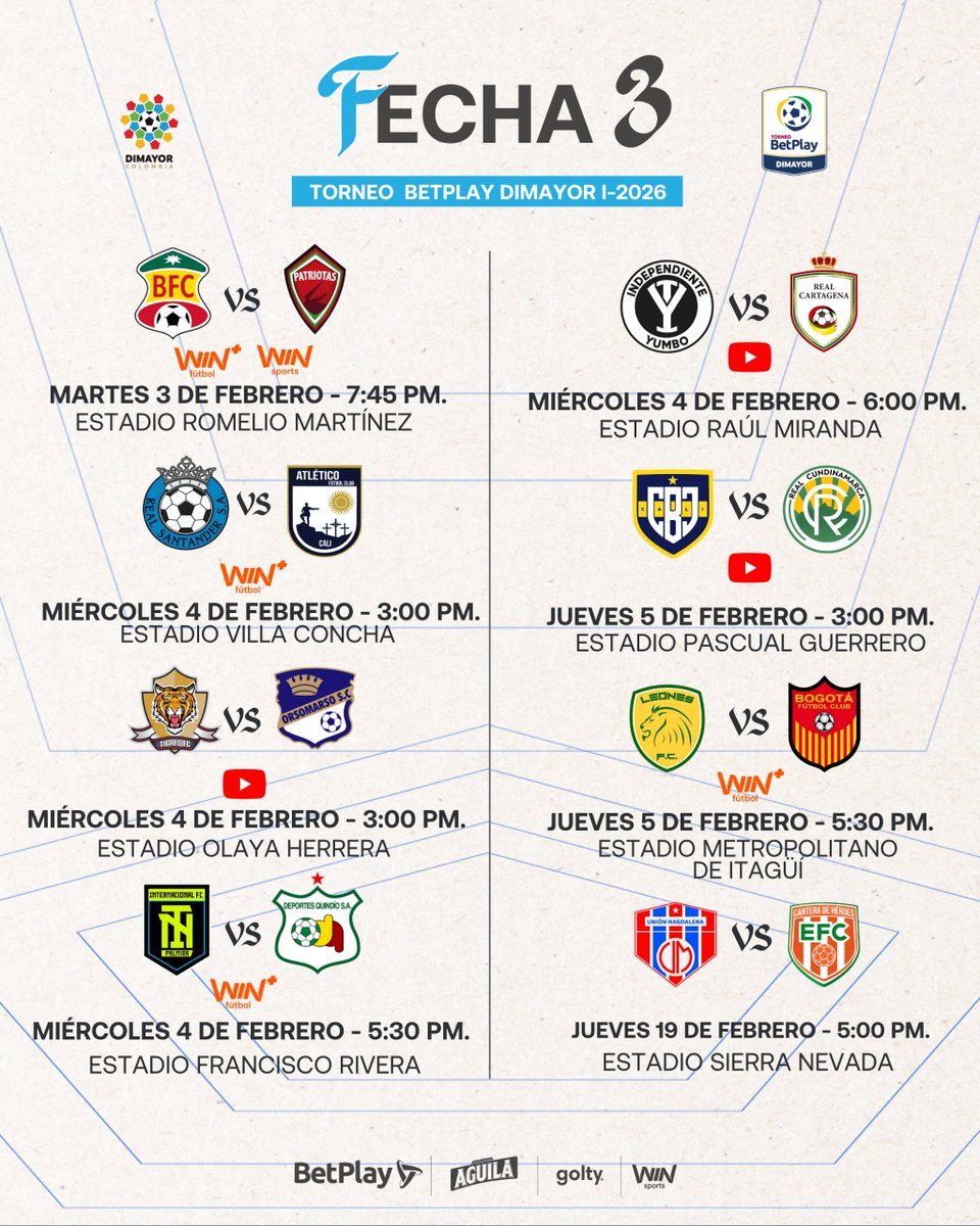 ¡𝐀𝐬𝐢́ 𝐬𝐞 𝐣𝐮𝐠𝐚𝐫𝐚́ 𝐥𝐚 𝐅𝐞𝐜𝐡𝐚 𝟑 𝐝𝐞𝐥 #𝐓𝐨𝐫𝐧𝐞𝐨𝐁𝐞𝐭𝐏𝐥𝐚𝐲𝐃𝐈𝐌𝐀𝐘𝐎𝐑 𝐈-𝟐𝟎𝟐𝟔! ⚽

Ya están confirmadas las señales de televisión para los partidos 👀

Consulta a continuación dónde podrás ver cada encuentro de la Fecha 3 de manera oficial

👉